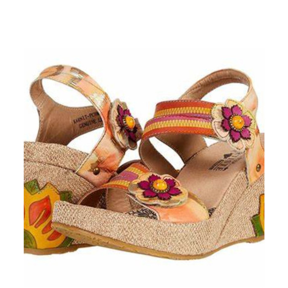L'ARTISTE SPRING STEP Karnit Size 37/6.5-7 Peach Leather Espadrille Wedge Sandal - Picture 1 of 10